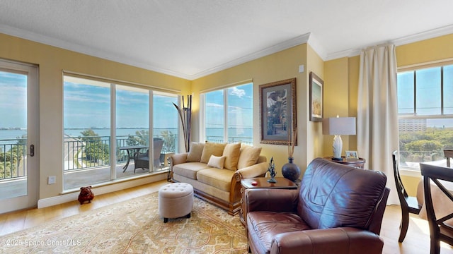 living area featuring a healthy amount of sunlight, wood finished floors, and crown molding