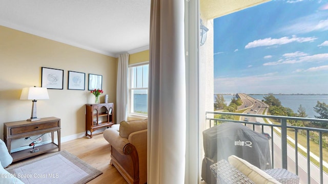 balcony featuring a water view and a grill