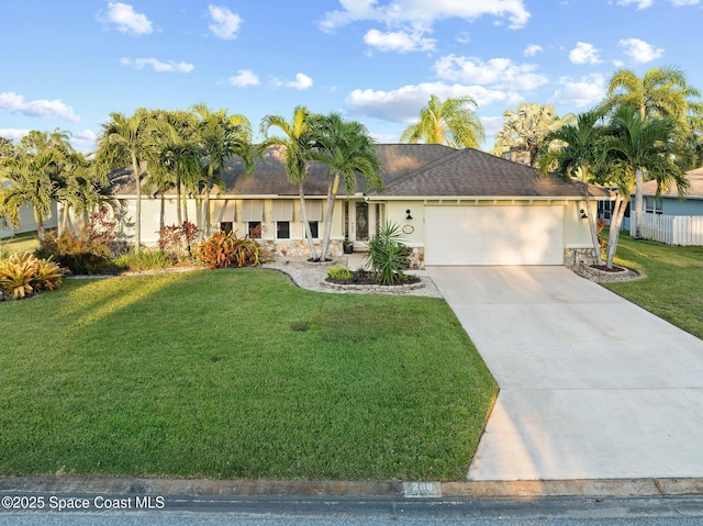 single story home featuring an attached garage, a front yard, stucco siding, stone siding, and driveway