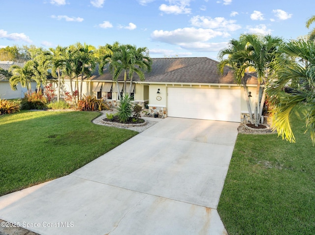 ranch-style home featuring an attached garage, a front lawn, stucco siding, stone siding, and driveway