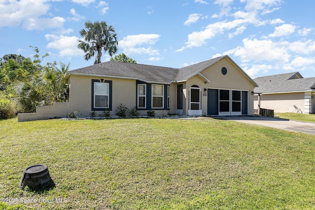 ranch-style home with a front lawn, an attached garage, driveway, and stucco siding