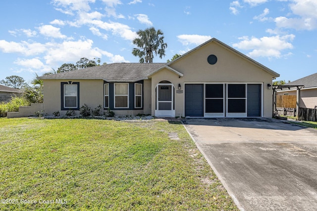 single story home featuring stucco siding, an attached garage, concrete driveway, and a front lawn