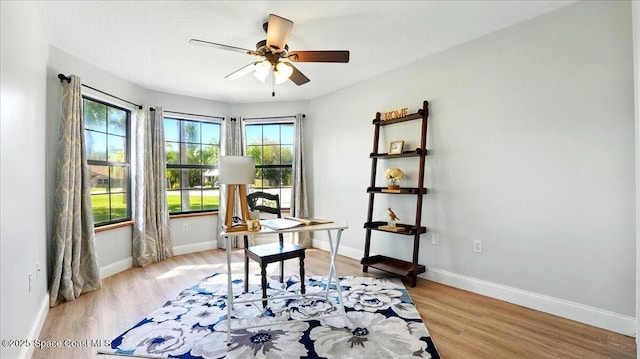 office featuring a ceiling fan, light wood-type flooring, and baseboards