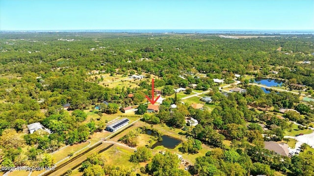 birds eye view of property with a forest view and a water view