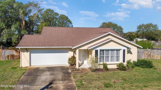 ranch-style house featuring a front lawn, driveway, and stucco siding