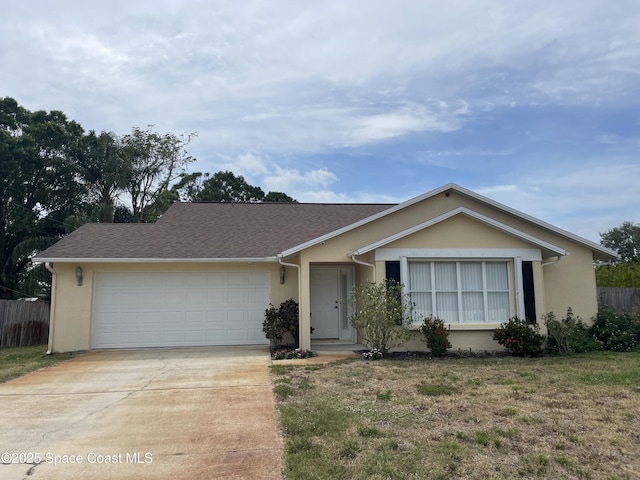 single story home with stucco siding, fence, concrete driveway, and a garage