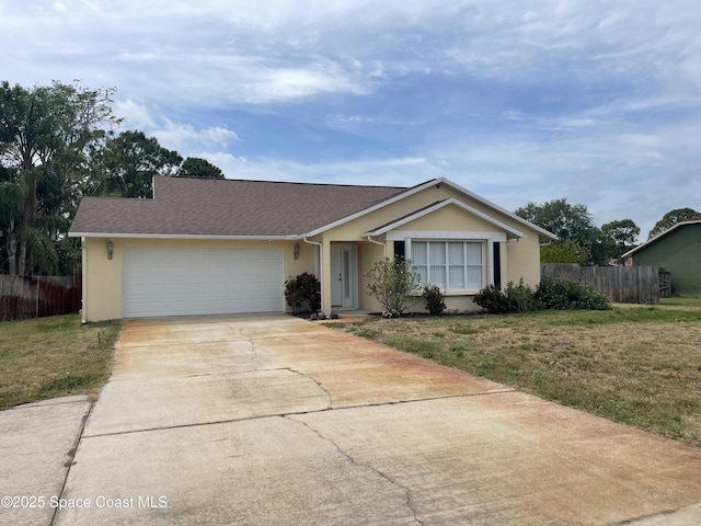 ranch-style home with driveway, stucco siding, an attached garage, fence, and a front lawn