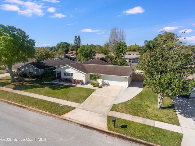 single story home featuring a garage, stucco siding, concrete driveway, and a front yard