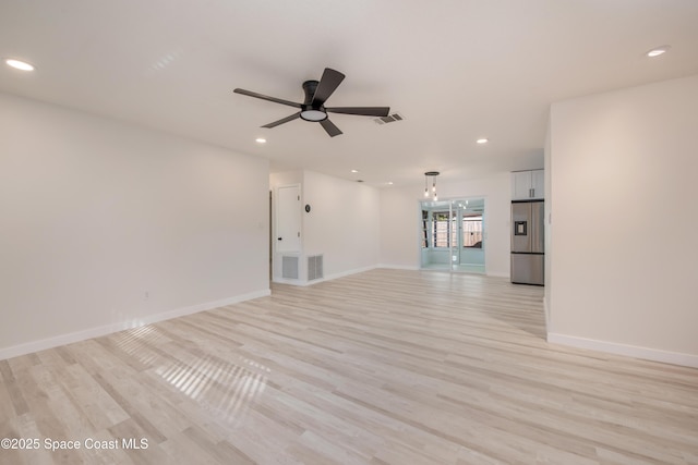 unfurnished living room featuring recessed lighting, visible vents, and ceiling fan