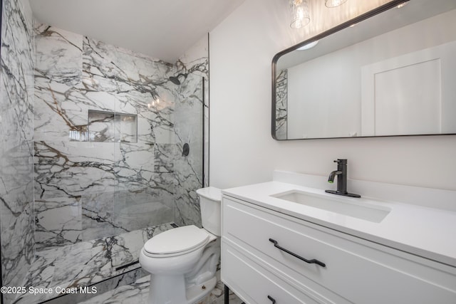 full bathroom with a marble finish shower, toilet, marble finish floor, and vanity