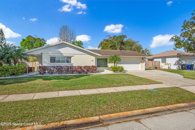 single story home with driveway, a front yard, a garage, and fence