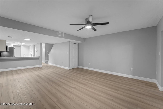 unfurnished living room with light wood finished floors, visible vents, ceiling fan, baseboards, and stairway