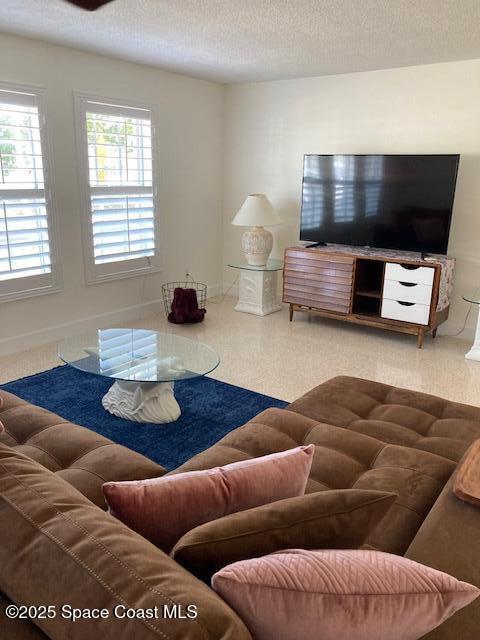 living area with a textured ceiling