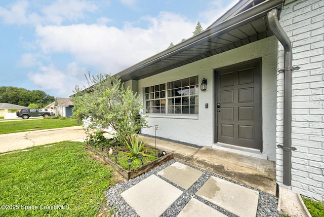 property entrance featuring a yard and stucco siding