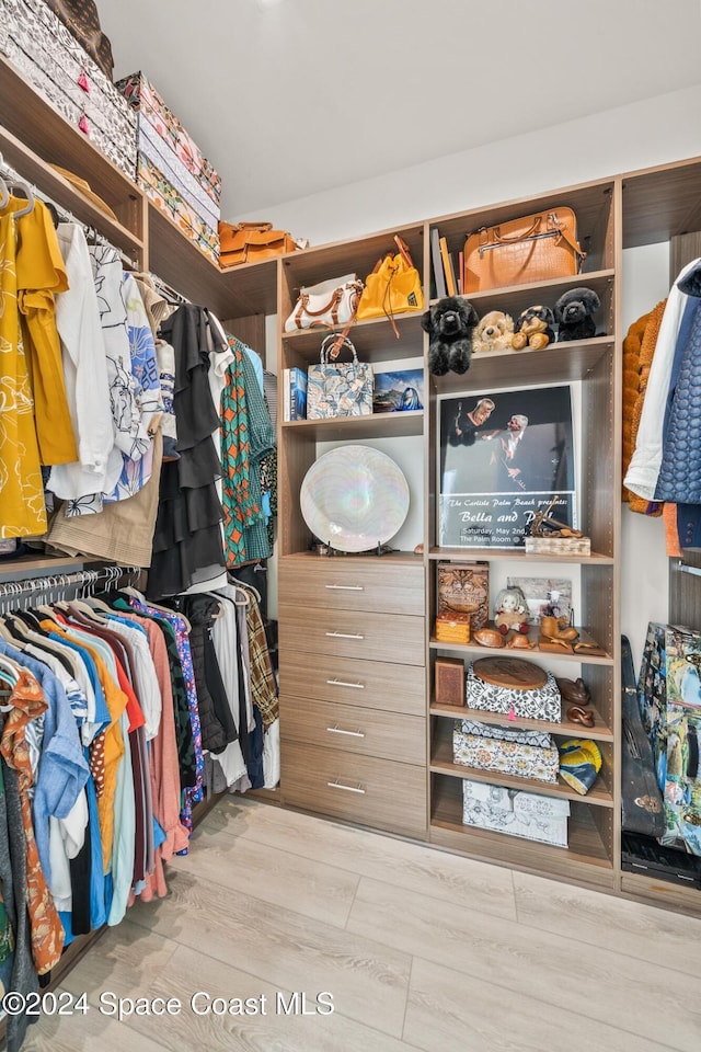 walk in closet with wood finished floors