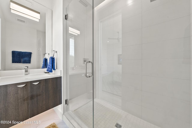 full bath with visible vents, a shower stall, and vanity