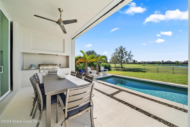 pool featuring fence, area for grilling, a yard, ceiling fan, and a patio area