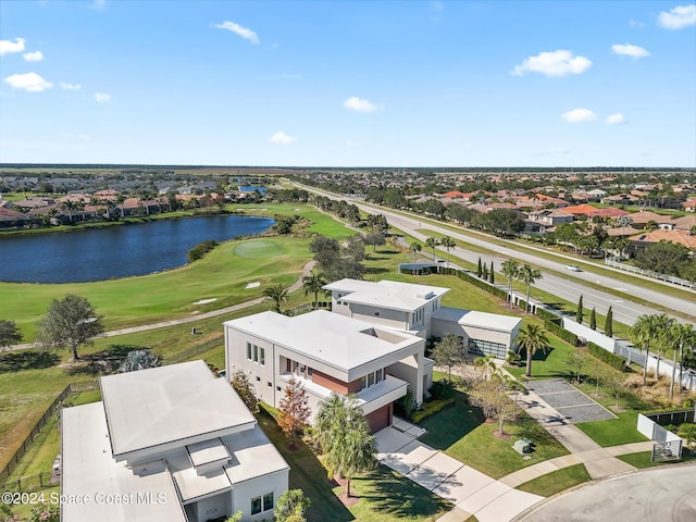 bird's eye view featuring a residential view, golf course view, and a water view