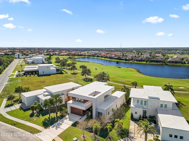 aerial view featuring a residential view, a water view, and golf course view