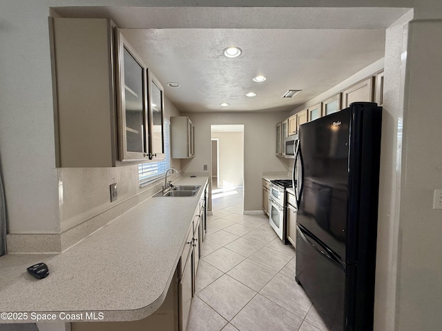 kitchen with a sink, light countertops, glass insert cabinets, appliances with stainless steel finishes, and a textured ceiling