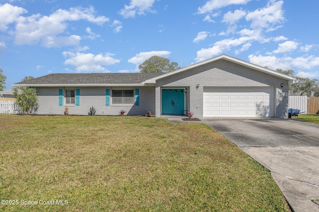 ranch-style house with a front yard, fence, an attached garage, concrete driveway, and brick siding