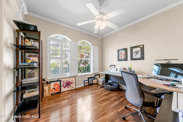 office with ornamental molding, a textured ceiling, ceiling fan, and wood finished floors