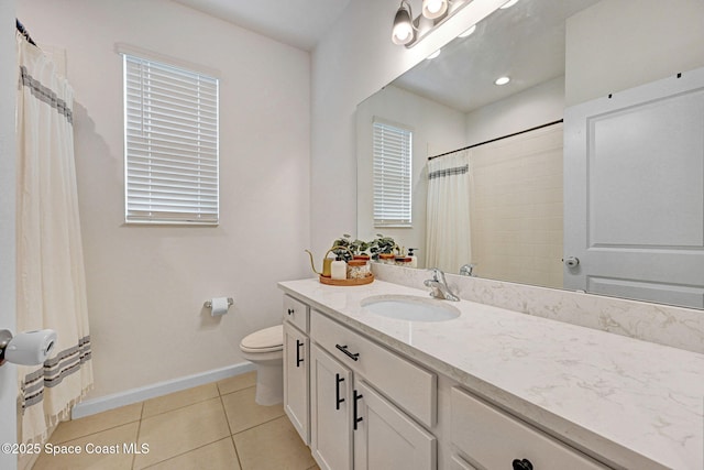 full bath with tile patterned floors, a shower with curtain, toilet, baseboards, and vanity