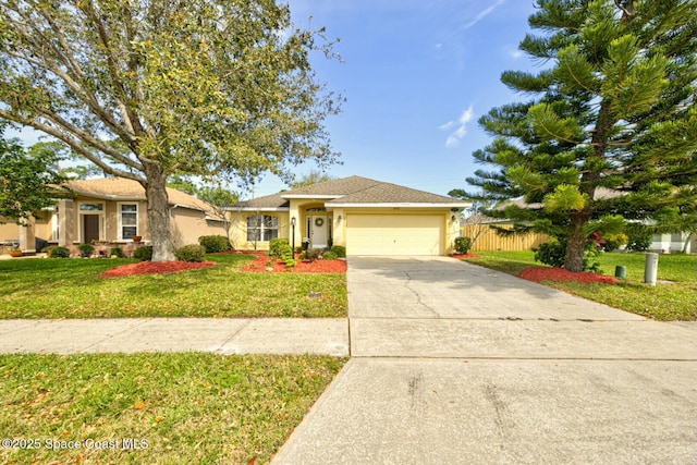 single story home featuring stucco siding, a front lawn, fence, concrete driveway, and a garage