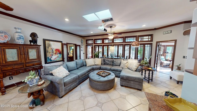 living area with crown molding, a skylight, light tile patterned flooring, and recessed lighting