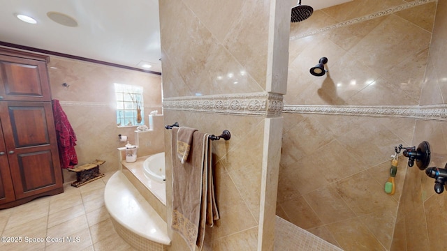 full bathroom with tile walls, a walk in shower, tile patterned floors, and ornamental molding