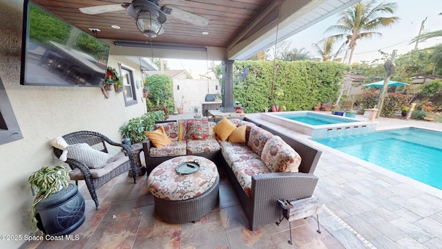 view of patio with an outdoor living space, an outdoor pool, an in ground hot tub, and fence