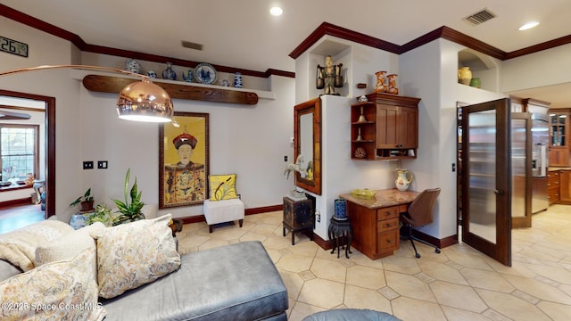 living area featuring visible vents, baseboards, and ornamental molding