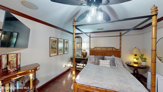 bedroom with visible vents, baseboards, dark wood-style floors, and ornamental molding