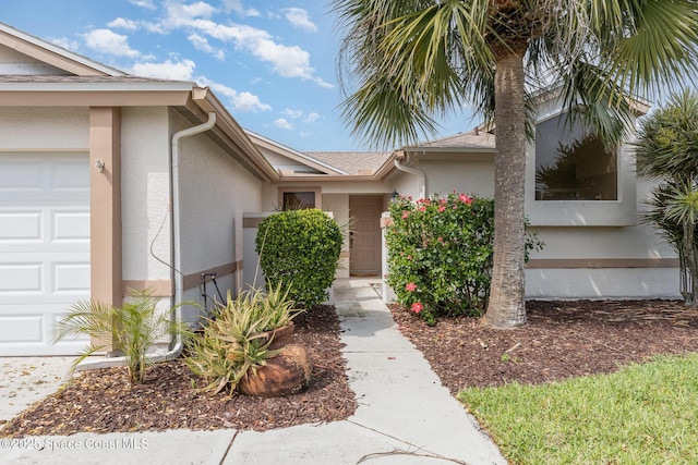 property entrance featuring stucco siding and an attached garage