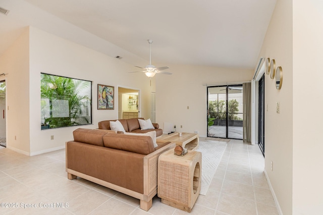 living area featuring visible vents, ceiling fan, baseboards, vaulted ceiling, and light tile patterned flooring