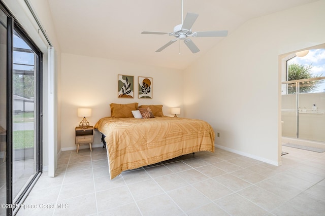 bedroom with light tile patterned flooring, vaulted ceiling, baseboards, and access to outside