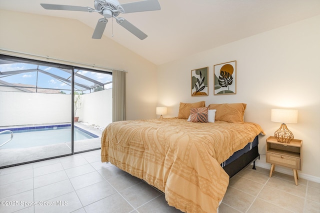 bedroom with access to exterior, a sunroom, light tile patterned flooring, and lofted ceiling