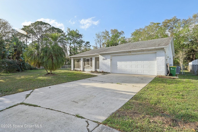 ranch-style house with fence, central air condition unit, concrete driveway, a front yard, and an attached garage