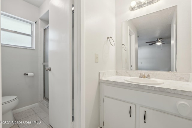 full bathroom featuring toilet, a stall shower, vanity, and tile patterned flooring