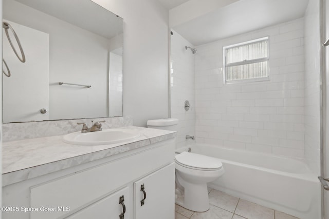 bathroom featuring vanity,  shower combination, toilet, and tile patterned flooring