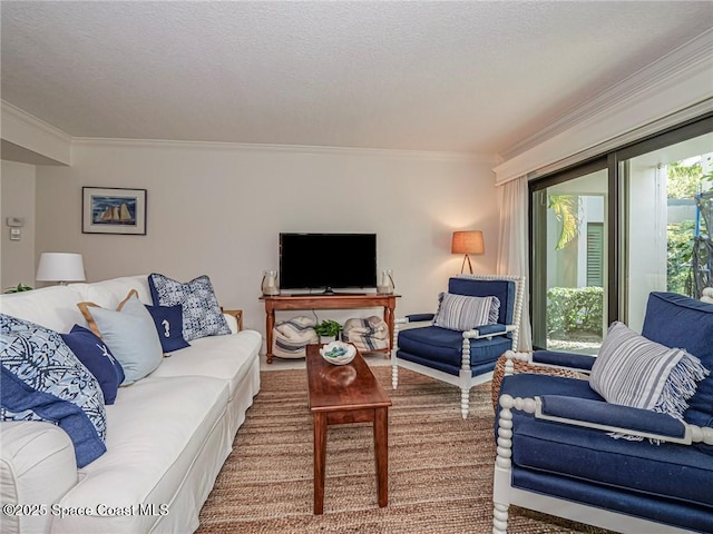 living room with a textured ceiling and crown molding