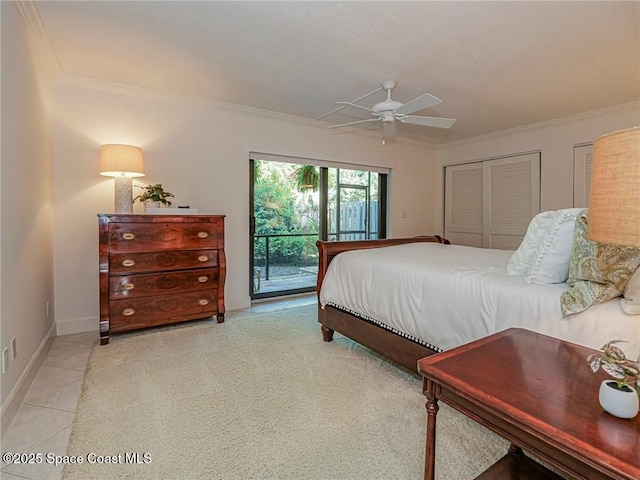 bedroom featuring baseboards, crown molding, a ceiling fan, and access to outside