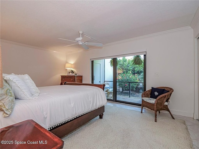 bedroom featuring light tile patterned floors, a ceiling fan, baseboards, ornamental molding, and access to exterior