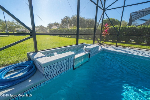 outdoor pool with a lanai and a lawn