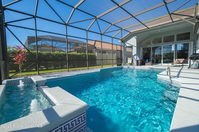 pool featuring a patio area, glass enclosure, and a grill