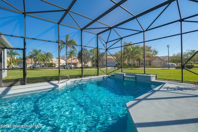 outdoor pool with a lanai, a lawn, and a patio