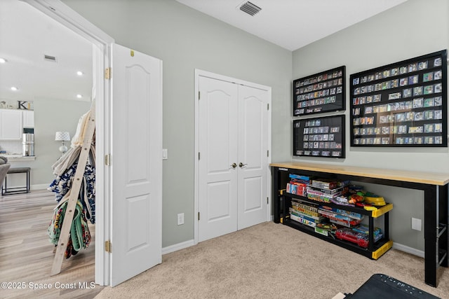 recreation room featuring visible vents, baseboards, and carpet floors