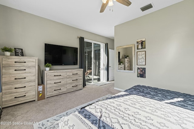 bedroom with visible vents, a ceiling fan, carpet, and access to outside