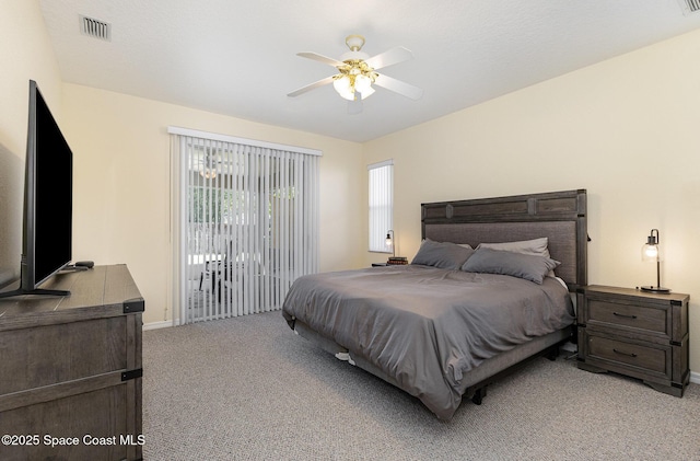 bedroom featuring visible vents, light carpet, access to exterior, baseboards, and ceiling fan