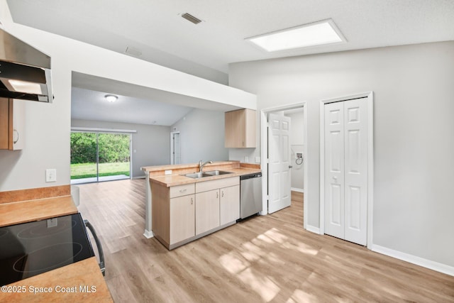 kitchen with light wood-type flooring, light countertops, a peninsula, stainless steel dishwasher, and a sink